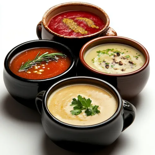 Four Bowls of Creamy and Chunky Soups with Garnish