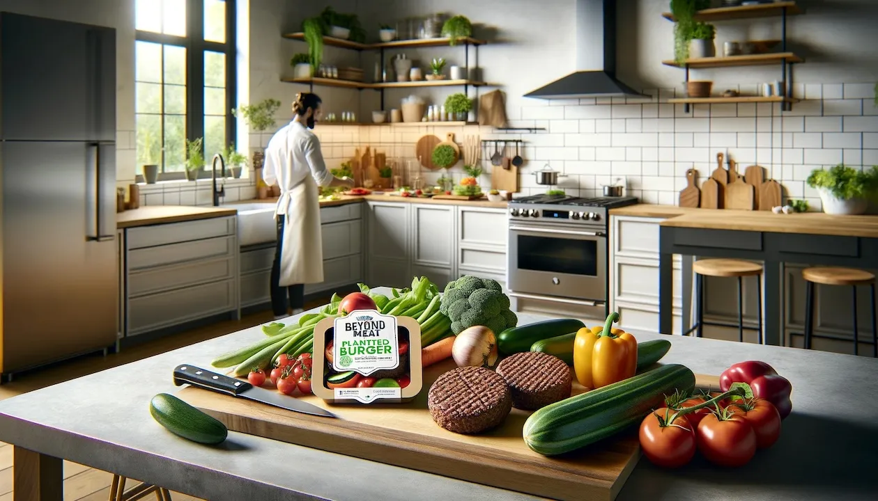 a modern kitchen scene centered around healthy, plant-based cooking with Beyond Meat's products.