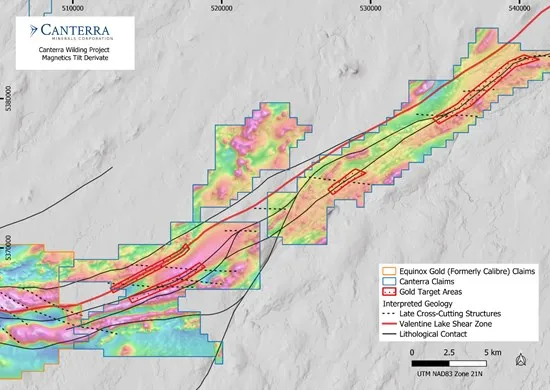 South Wilding property directly adjacent to Equinox Gold Claims. Canterra target zones in red boxes. Magnetic tilt derivative product shown.