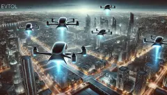 a futuristic urban skyline with electric vertical takeoff and landing (eVTOL) aircraft in flight