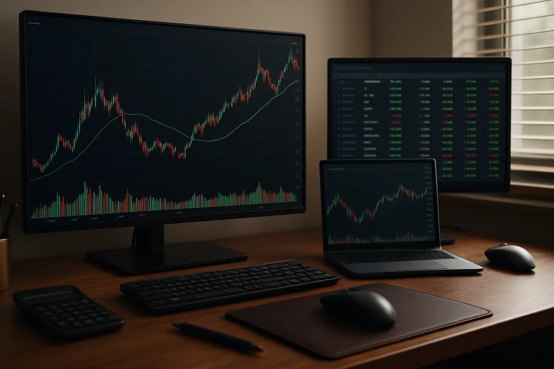 Trading screens with charts.