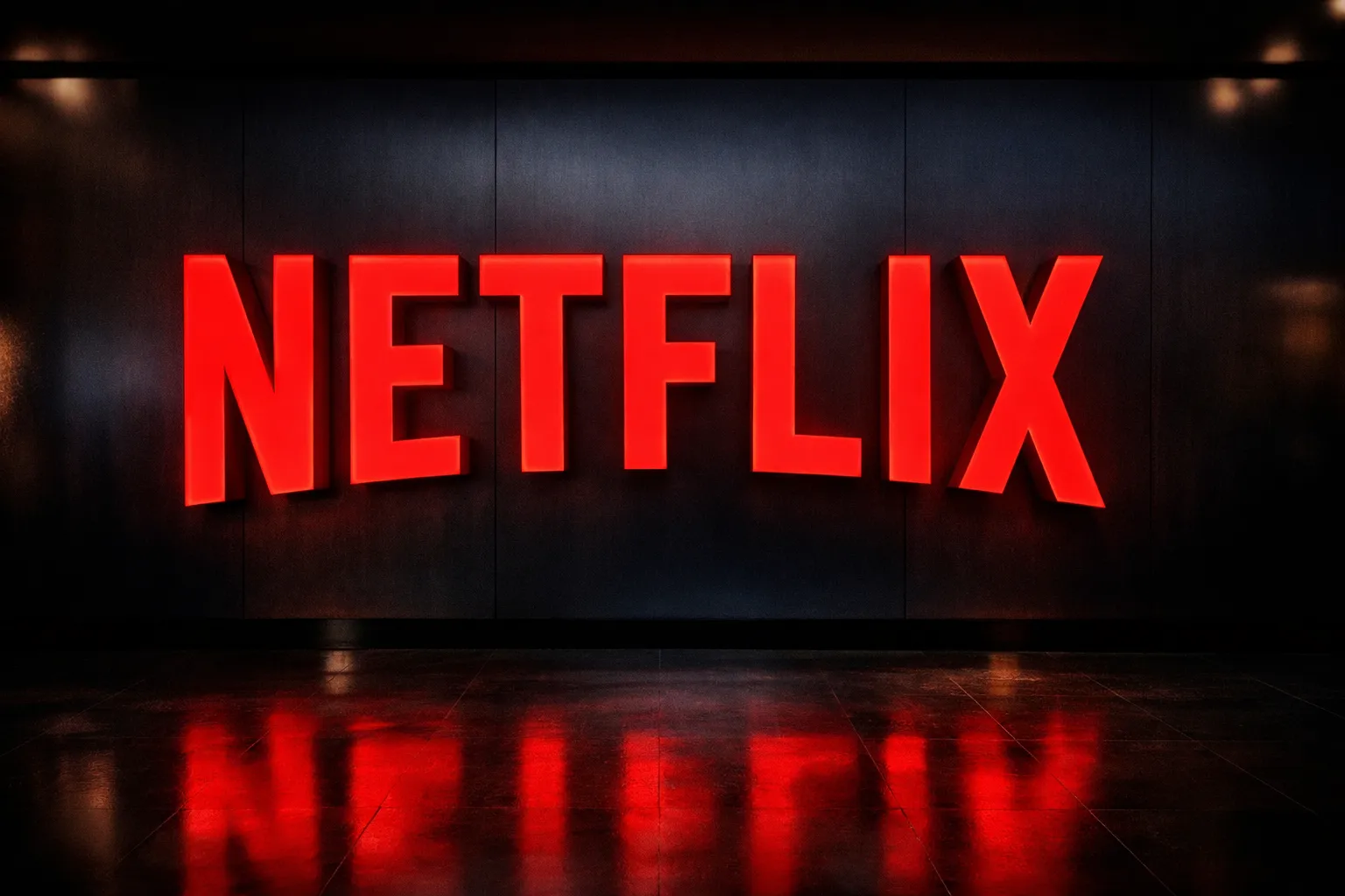 Glowing red Netflix logo mounted on a dark wall with reflective floor and dramatic lighting