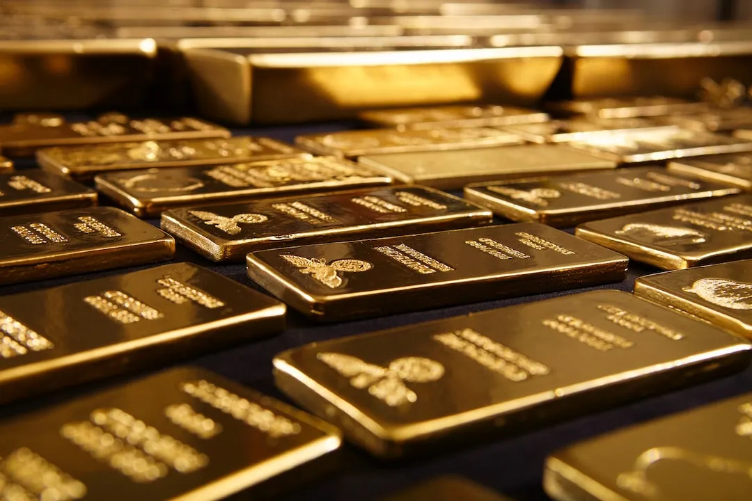 An array of gold bars shining