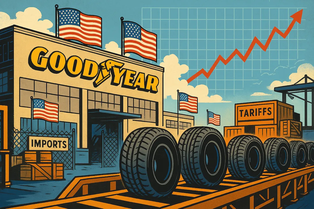 Illustration of a Goodyear Tire factory in the United States with American flags, production lines filled with new tires, and a vibrant stock market graph showing an upward trend in the background.