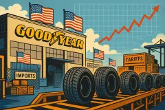 Illustration of a Goodyear Tire factory in the United States with American flags, production lines filled with new tires, and a vibrant stock market graph showing an upward trend in the background.