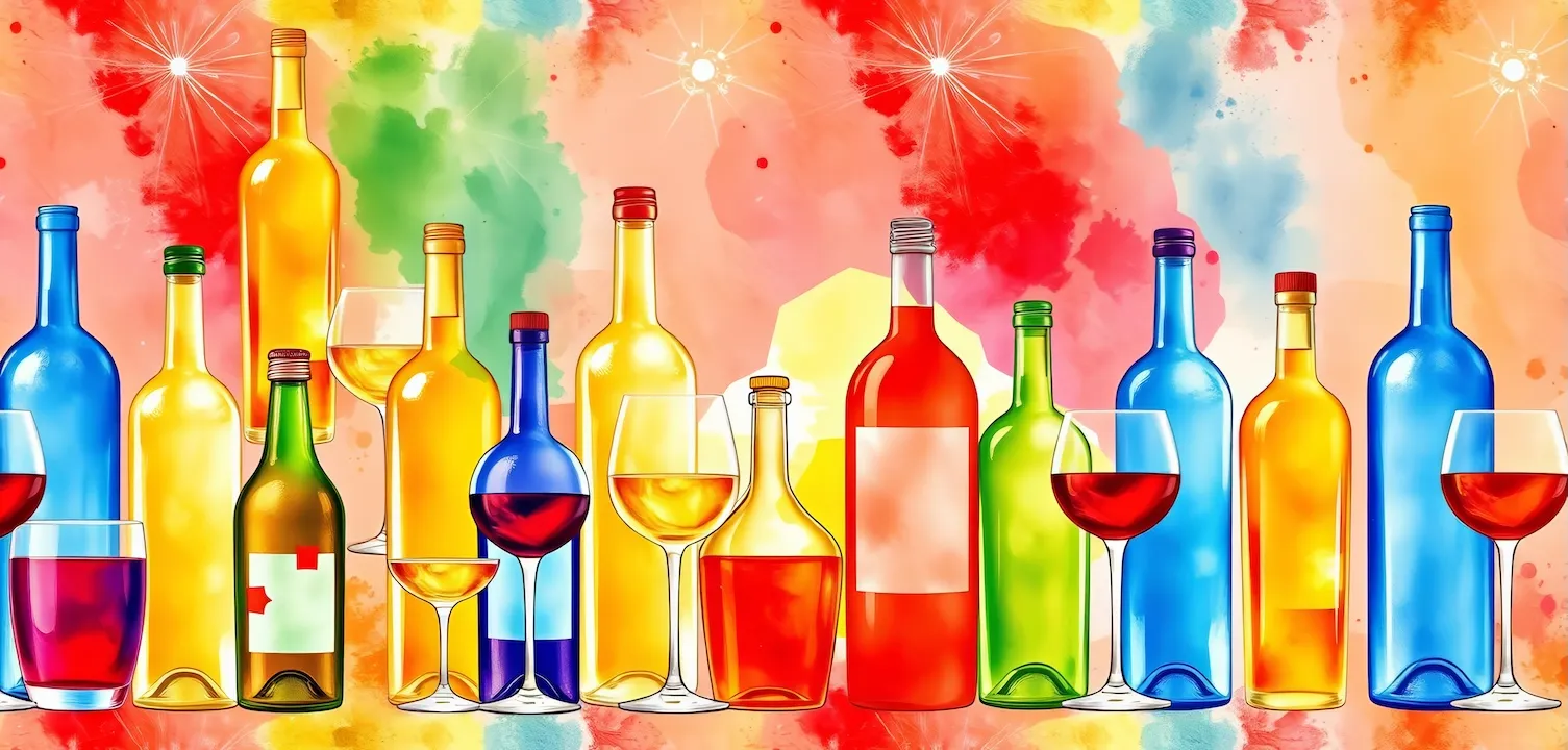 Seamless watercolor pattern of colorful alcohol bottles and glasses on a bright wine background, seamless pattern, bottles