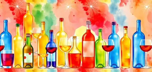 Seamless watercolor pattern of colorful alcohol bottles and glasses on a bright wine background, seamless pattern, bottles