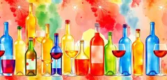 Seamless watercolor pattern of colorful alcohol bottles and glasses on a bright wine background, seamless pattern, bottles