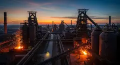 Industrial Oil Refinery Plant During Sunset with Bright Flames and Metal Structures