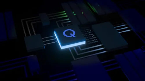 logo qualcomm on a 3D illustration of photolithography systems used in the manufacturing of semiconductors.