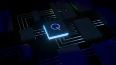 logo qualcomm on a 3D illustration of photolithography systems used in the manufacturing of semiconductors.