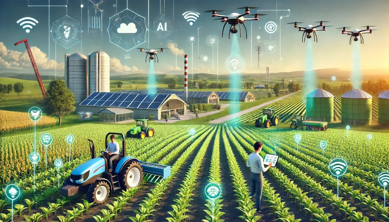 Generative AI Farming image depicting a futuristic farm landscape with integrated gen AI technology.