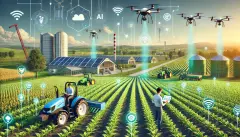 Generative AI Farming image depicting a futuristic farm landscape with integrated gen AI technology.