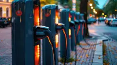 AI Row of Electric Car Charging Stations at Dusk