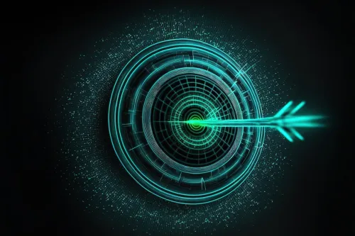 A glowing green arrow hitting a glowing dart board with precision.