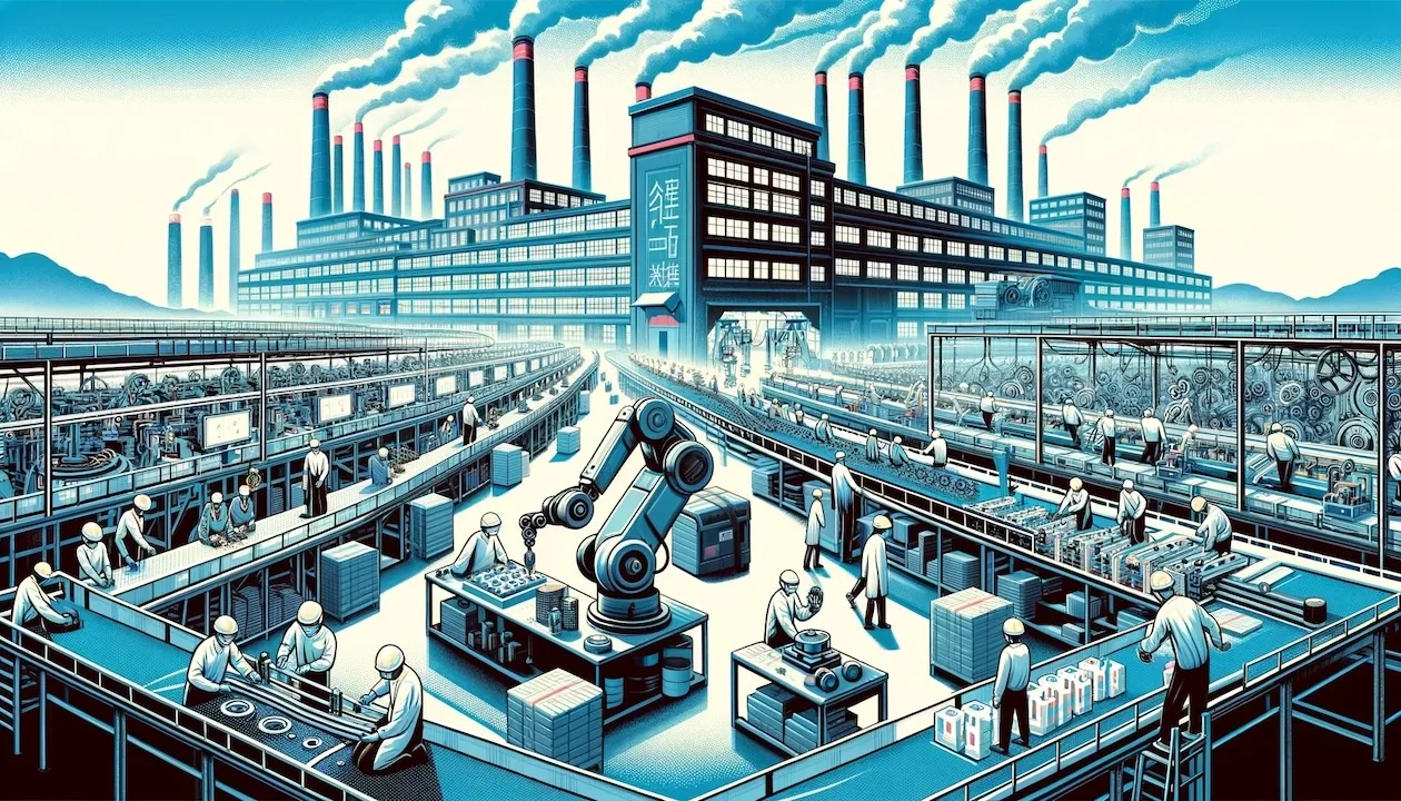 illustration reflecting the dynamic atmosphere of China's factory activity, highlighting the blend of human labor and technology within the industrial sector.