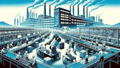 illustration reflecting the dynamic atmosphere of China's factory activity, highlighting the blend of human labor and technology within the industrial sector.