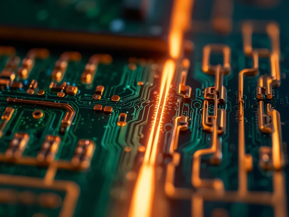 A close-up of a circuit board with glowing copper traces.