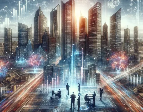 The image depicting an abstract representation of the financial market with hedge funds at its core has been generated. It captures the dynamic and complex nature of hedge funds within a bustling, fut...