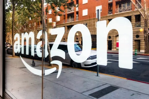 White Amazon logo on shop window