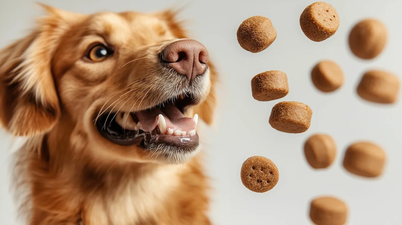 Happy dog excitedly looks at pet food flying in the air on plain background. Delicious treats.
