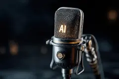Professional studio microphone with glowing AI text display,